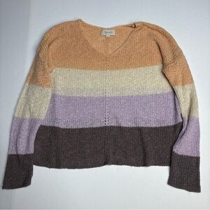 Beceel Womens Small Sweater Knit Wide Stripes Acrylic V-Neck See Through Light